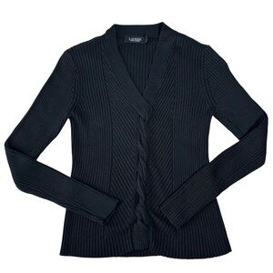 Lauren Ralph Lauren Black Label Fricklie V Neck Black Ribbed Knit Sweater M